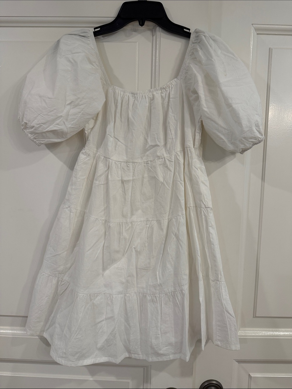 Puff-Sleeve White Tiered Mini Dress
